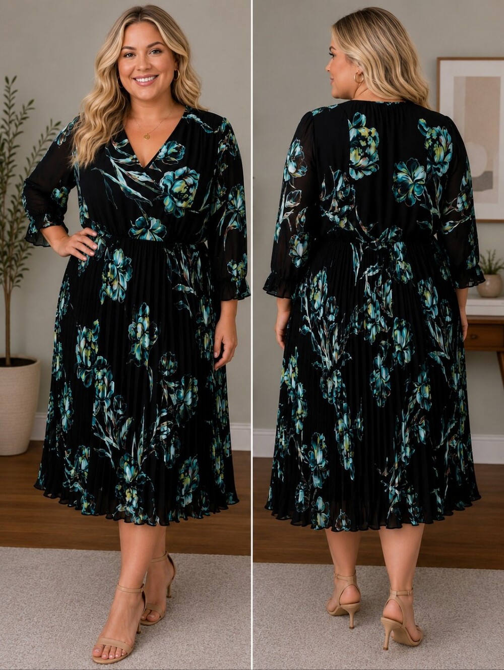 Chico's Black Maxi Dress with Teal and Cream Floral Print